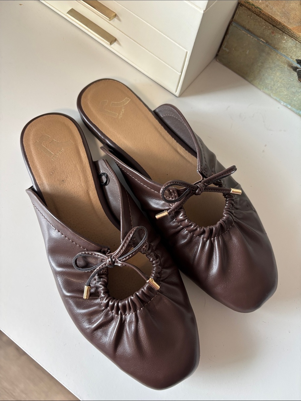 Report Signature Dark Brown Leather Backless Mules with Bow